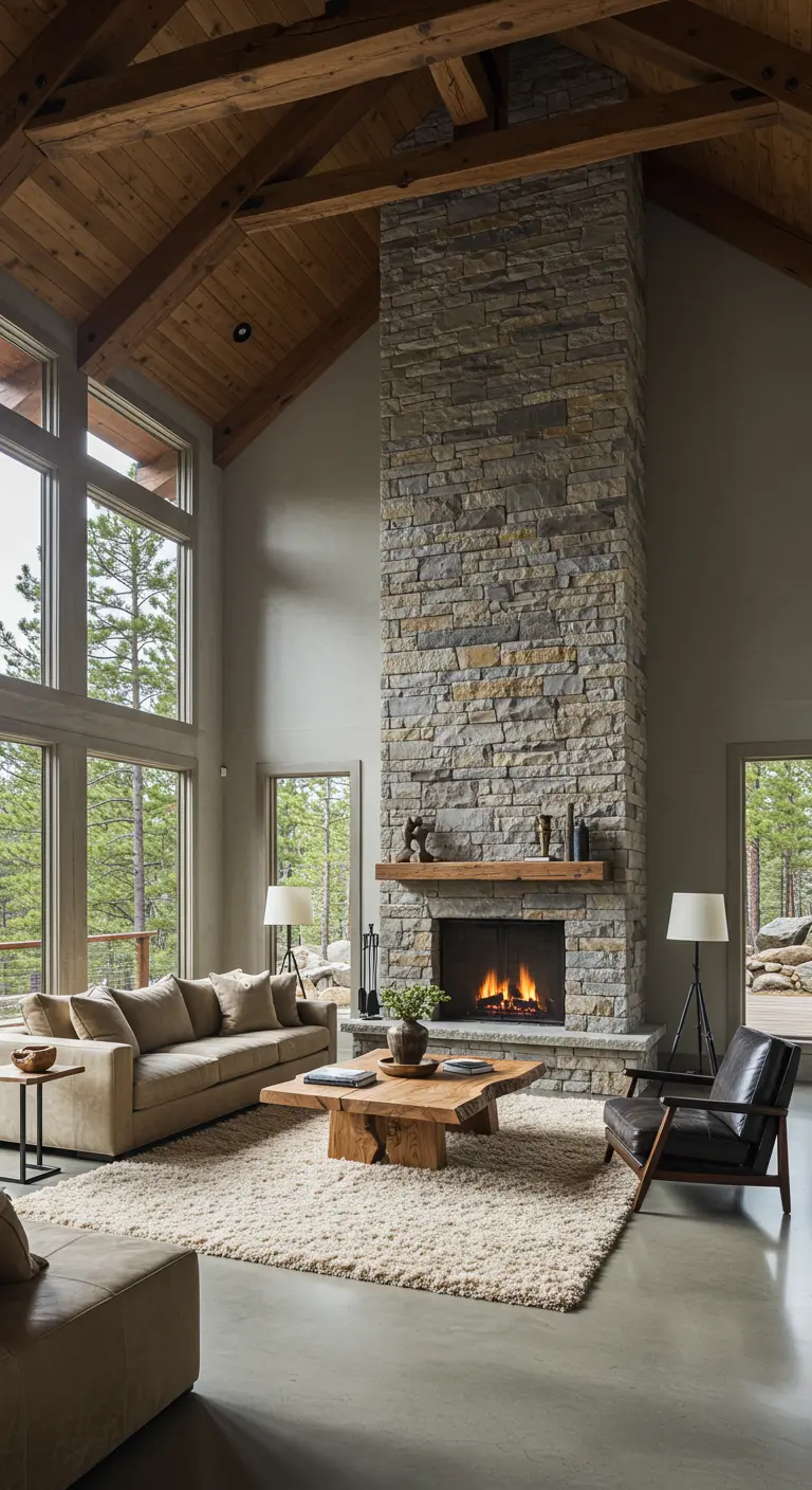 Living room with vaulted wood ceilings and a grand stone fireplace.