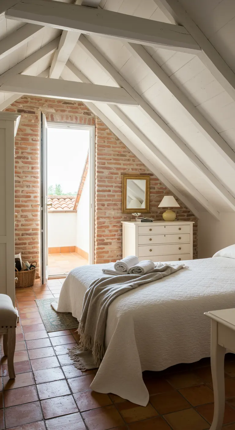Attic bedroom with exposed brick, white-painted beams, and terracotta floor tiles.