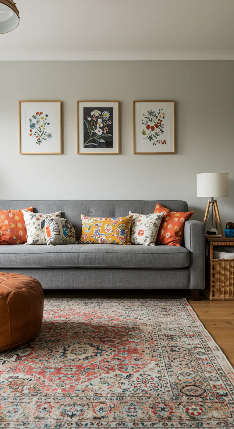 Living room with a colorful Persian rug, gray sofa, and three framed botanical prints.