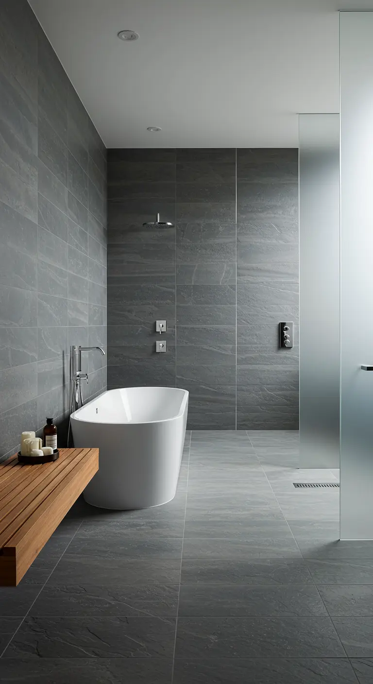 Modern grey bathroom with a freestanding tub and a warm wooden bench.
