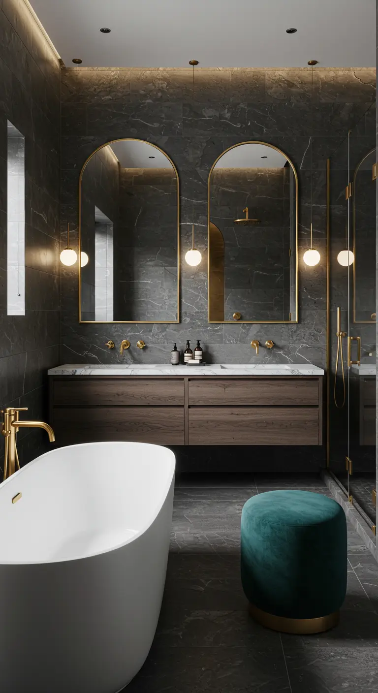 Luxury bathroom with dark marble walls, a wood vanity, arched mirrors, and a teal velvet stool.