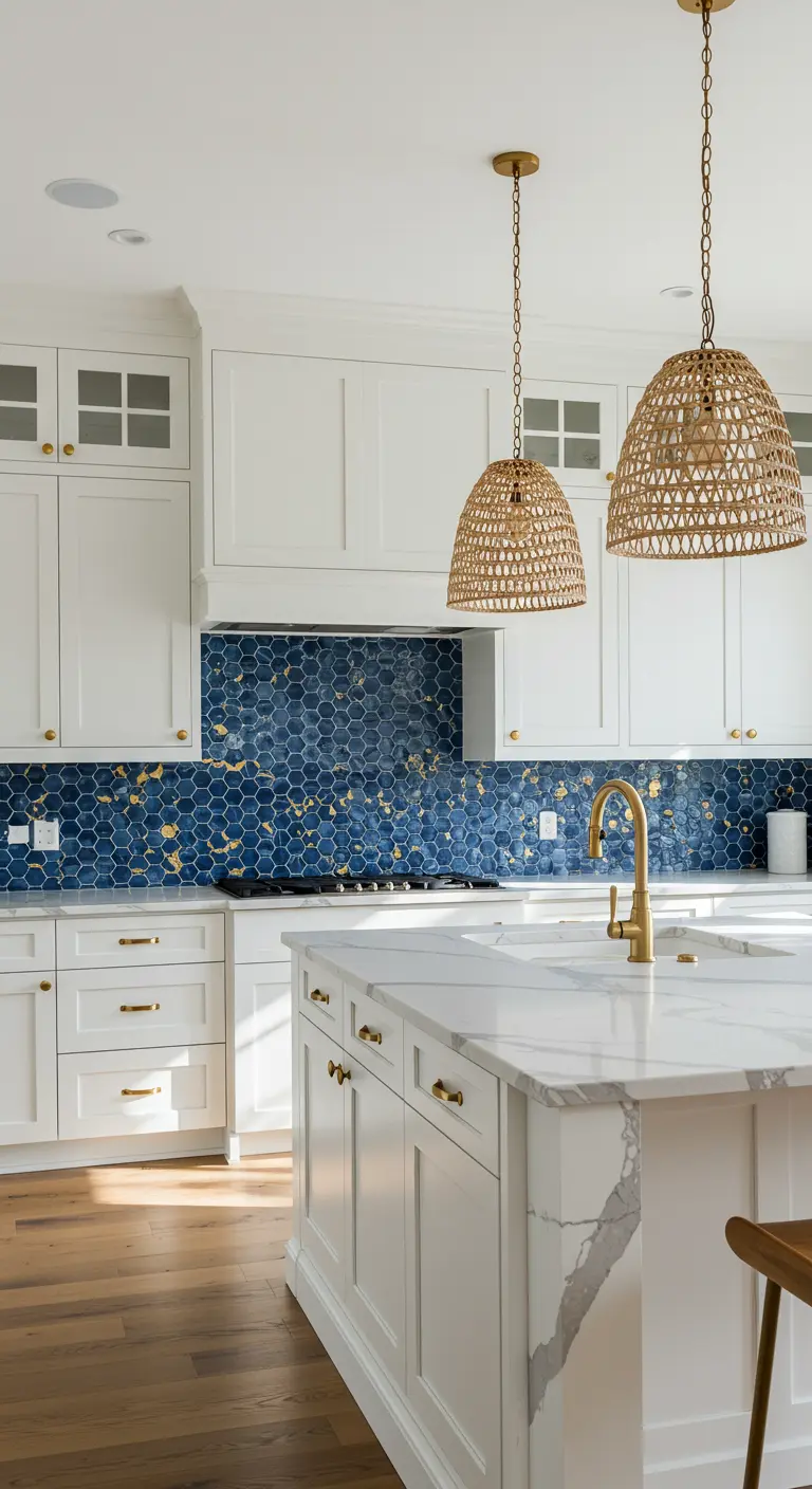 Kitchen with white cabinets, a blue and gold hexagonal tile backsplash, and woven pendant lights.