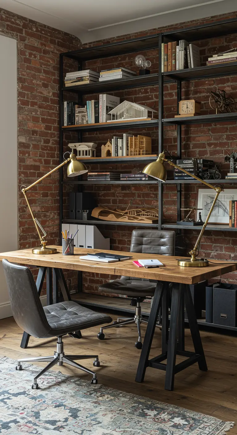 Industrial home office with a trestle desk and tall black metal bookshelves.