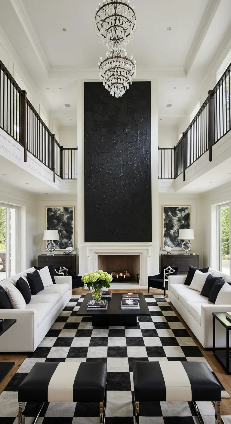 Symmetrical, double-height living room with a checkerboard rug and a towering black fireplace.