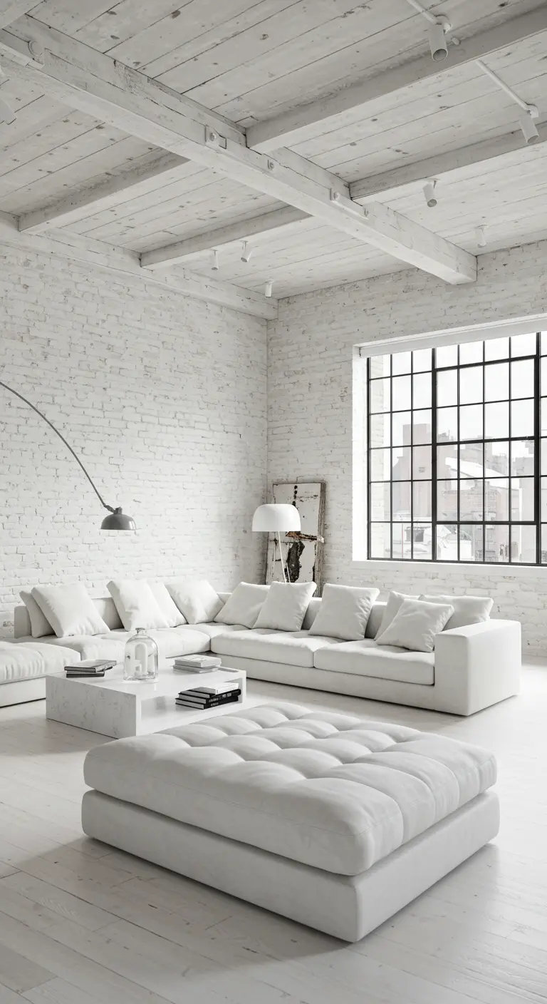 Spacious loft living room with white painted brick, a large white sectional, and industrial windows.