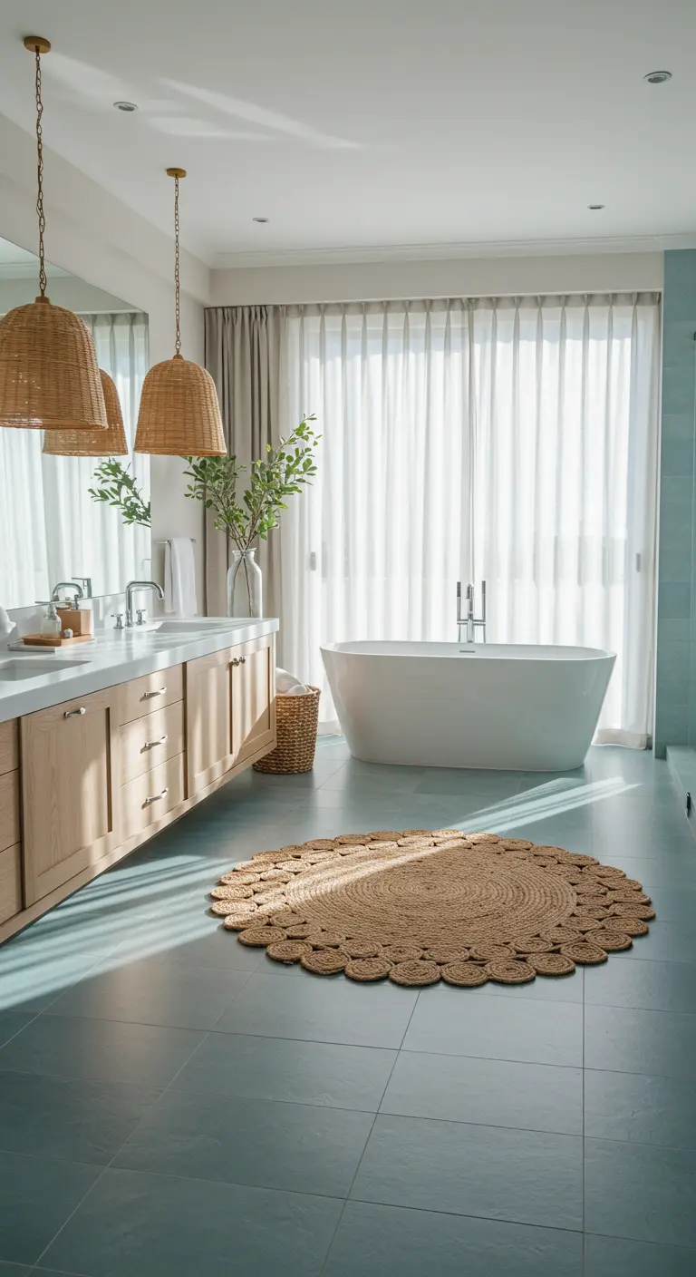 Airy bathroom with freestanding tub, rattan pendants, and round jute rug.
