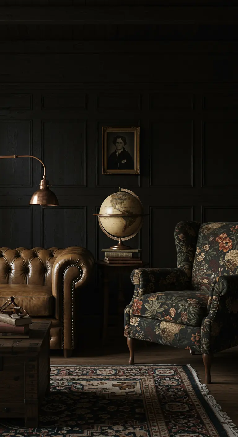 Moody study with a leather Chesterfield sofa and a dark floral wingback chair.