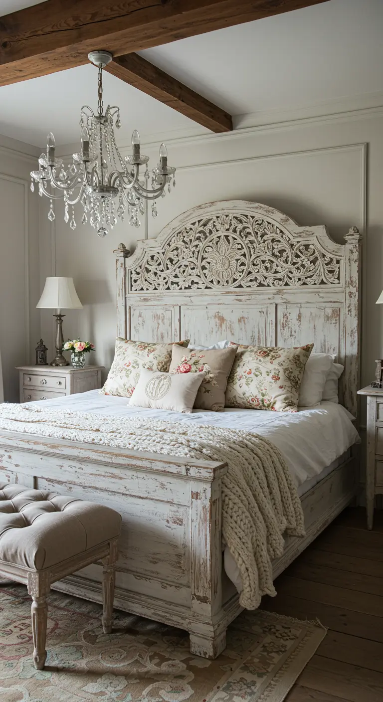 Romantic bedroom with a large, ornate distressed white bed and exposed wooden ceiling beams.