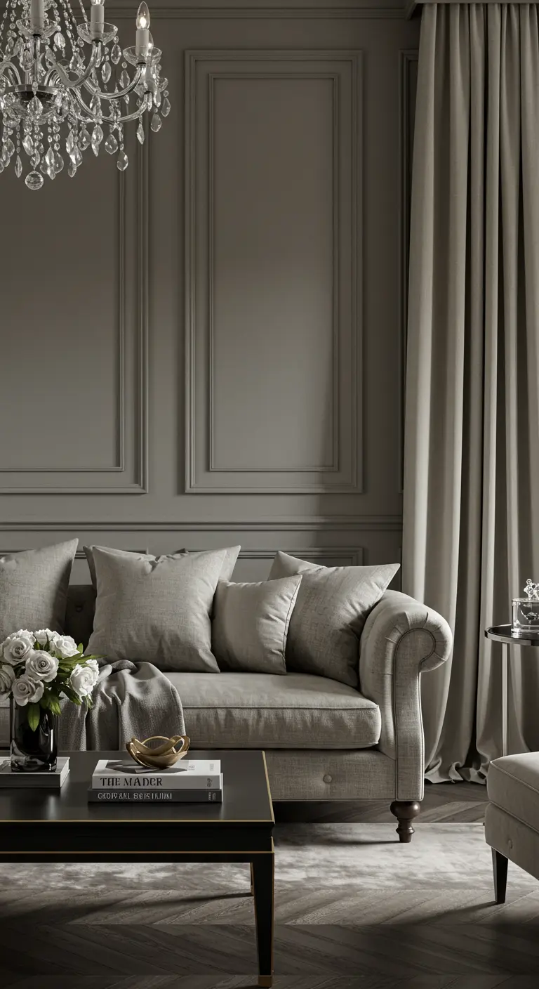 Formal greige living room with wall molding and a crystal chandelier.