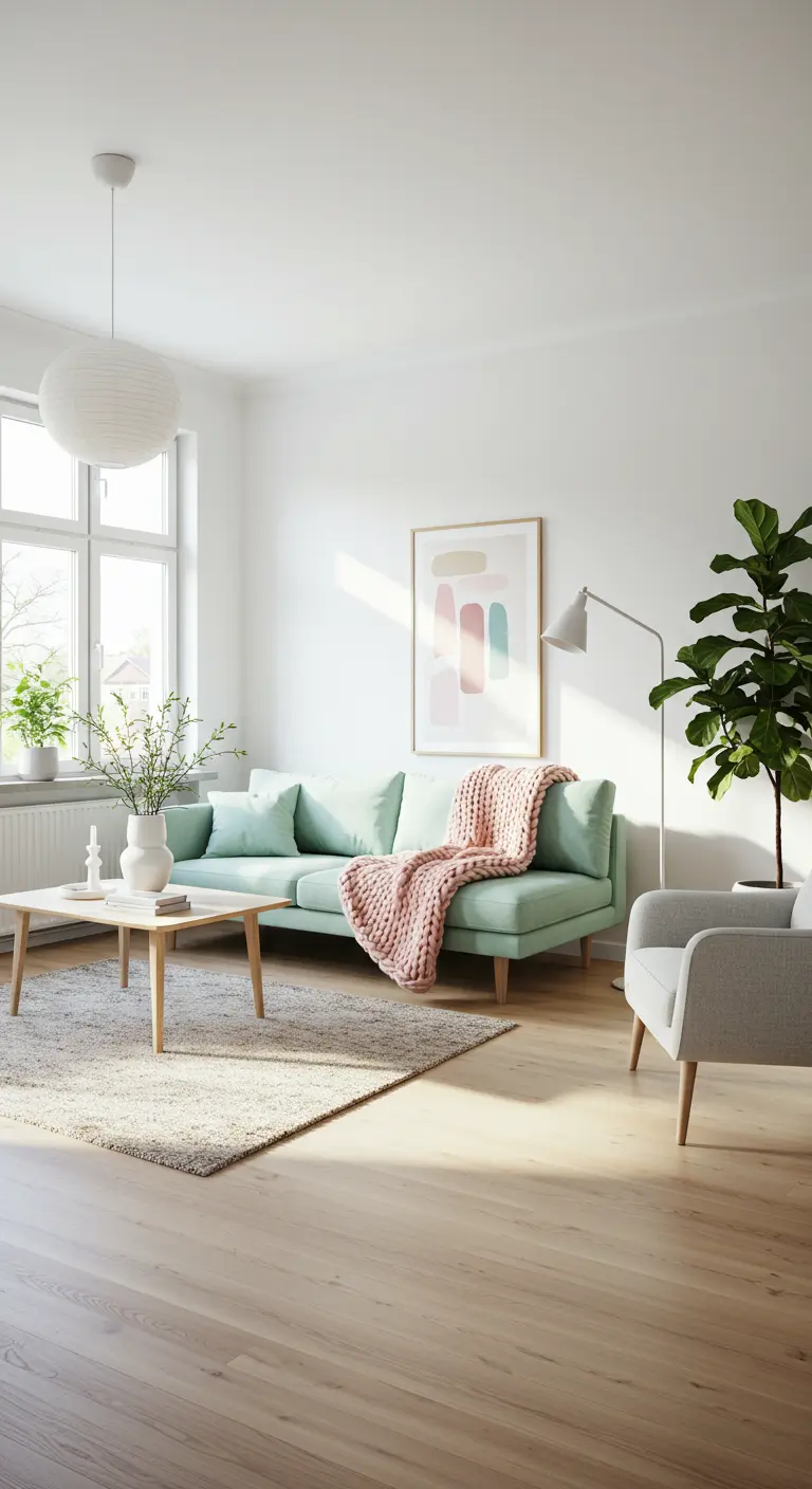 A bright, sunlit living room with a mint green sofa, blush pink blanket, and light wood furniture.