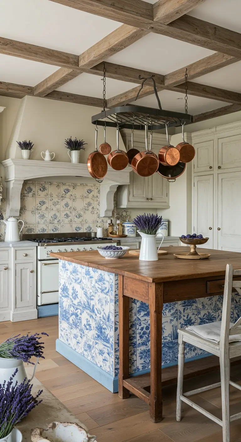 A French country kitchen with blue and white floral tile and a hanging copper pot rack.