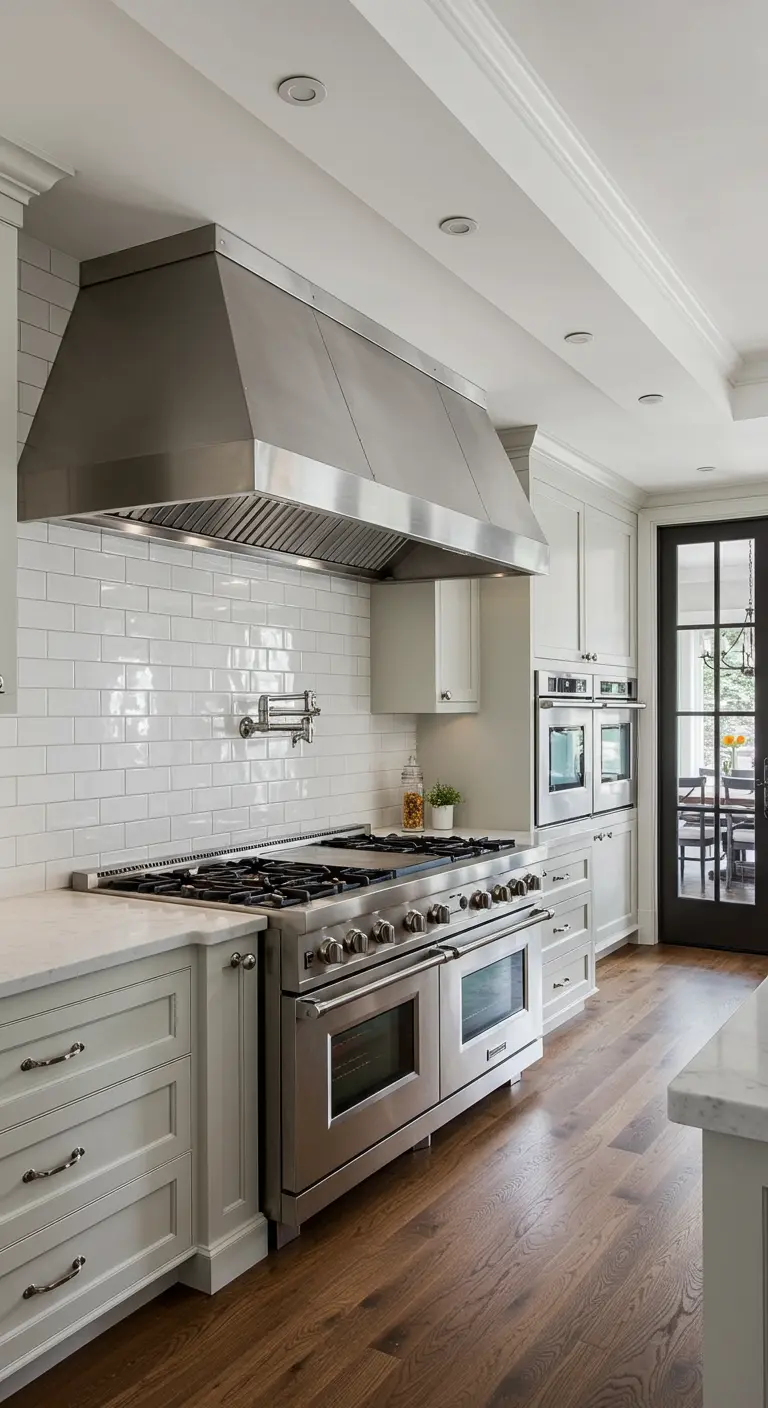 Professional-grade stainless steel range and hood in a kitchen with white subway tile.