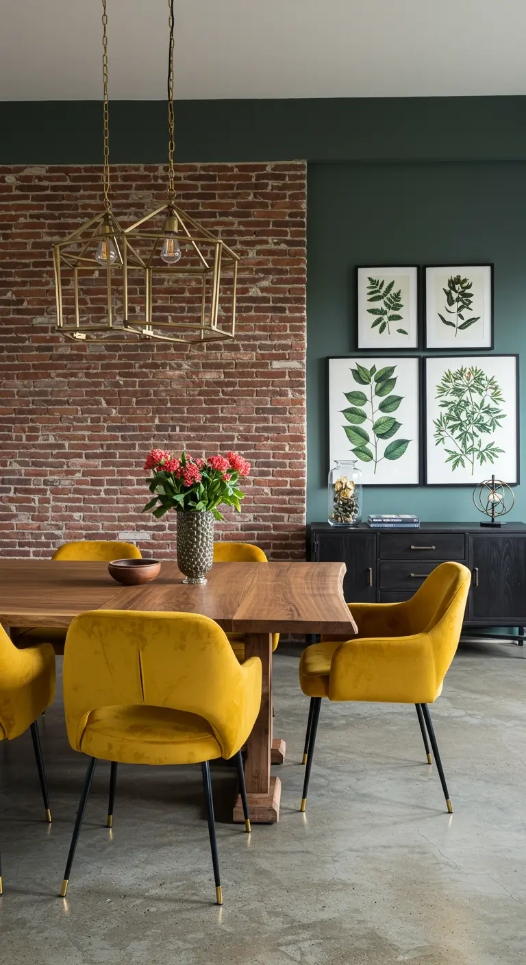 Dining room with a brick accent wall, mustard velvet chairs, and geometric brass pendants.