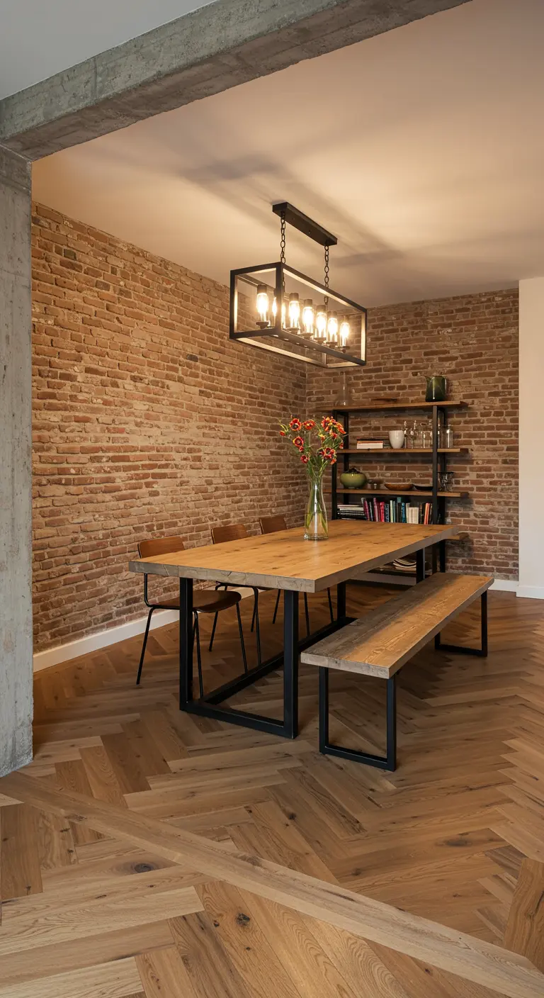 Dining room with a brick wall, black metal shelving, and a polished herringbone wood floor.