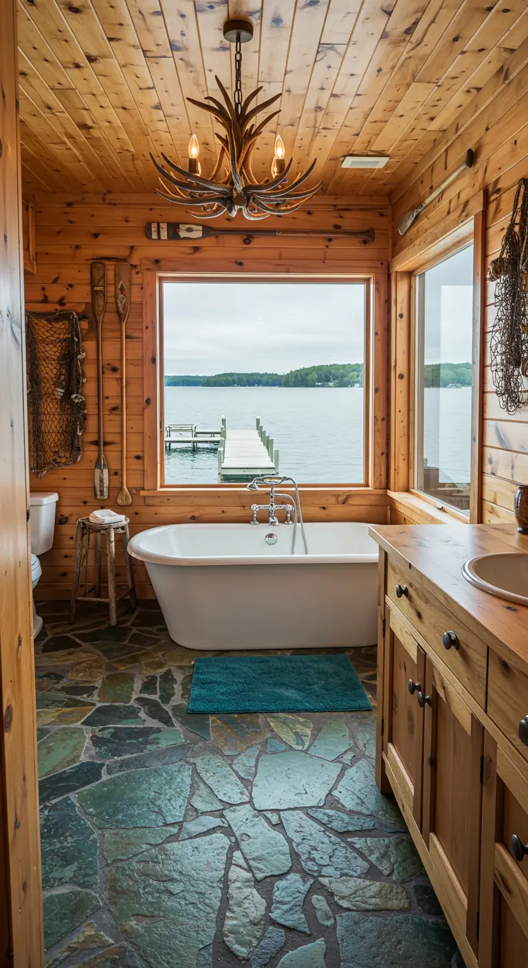 Log cabin bathroom with a freestanding tub looking out a large window at a lake and dock.