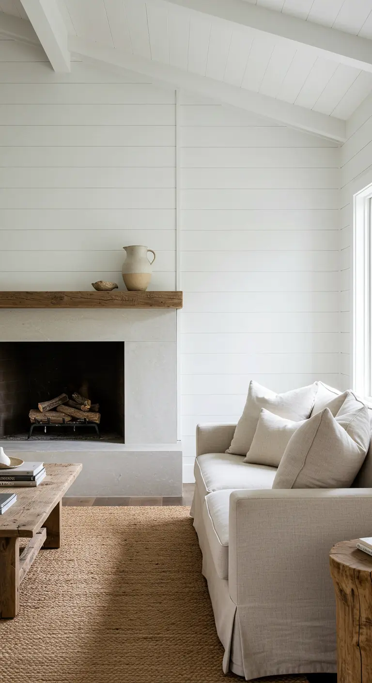 White shiplap walls and a rustic wood mantel paired with a neutral slipcover sofa.