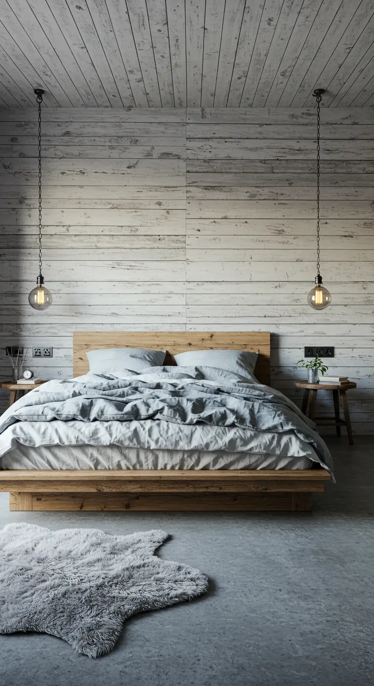 Bedroom with whitewashed wood wall, platform bed, and hanging Edison bulbs.