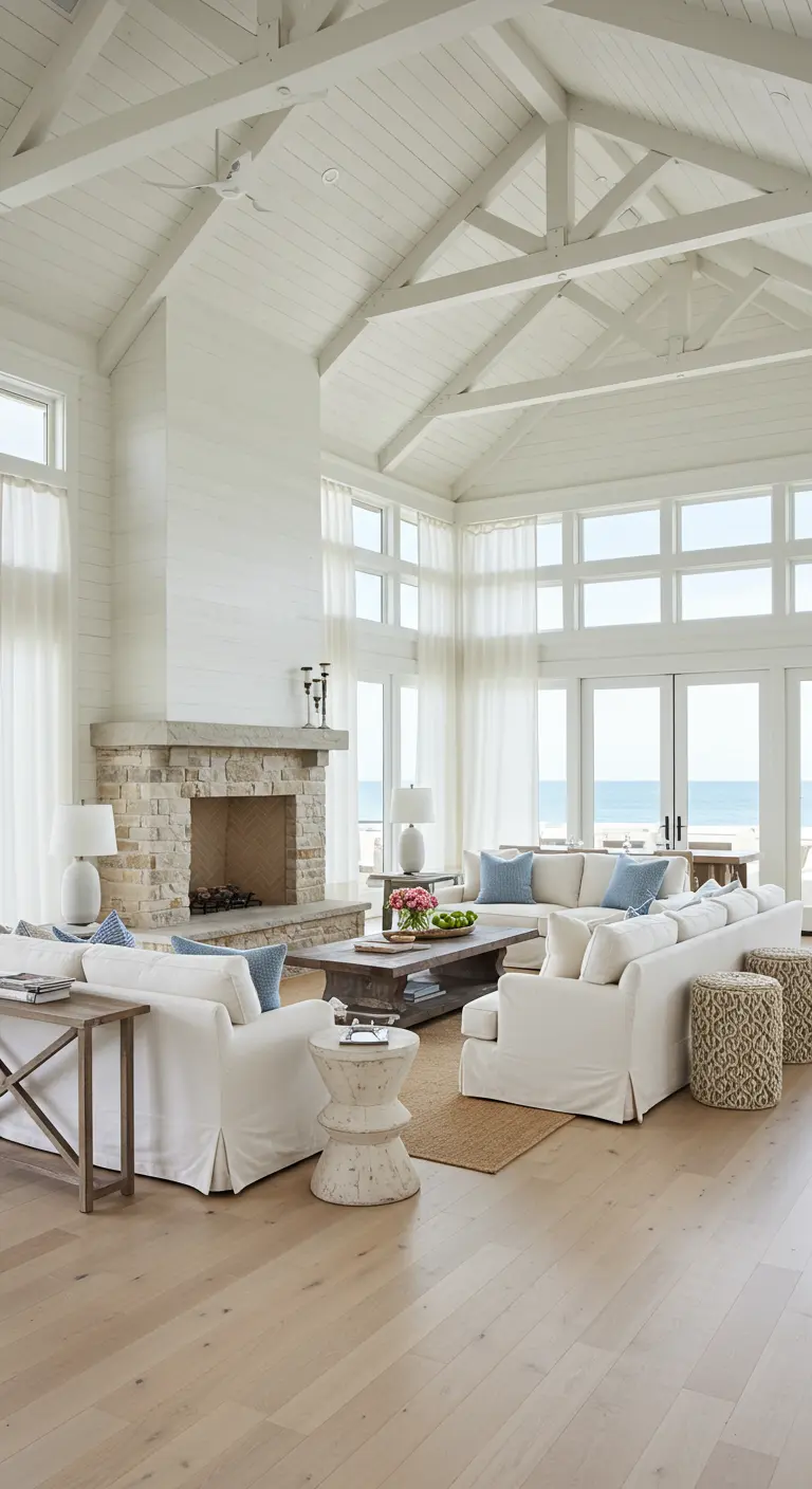 Expansive living room with a stone fireplace, vaulted ceiling, and white slipcovered furniture.