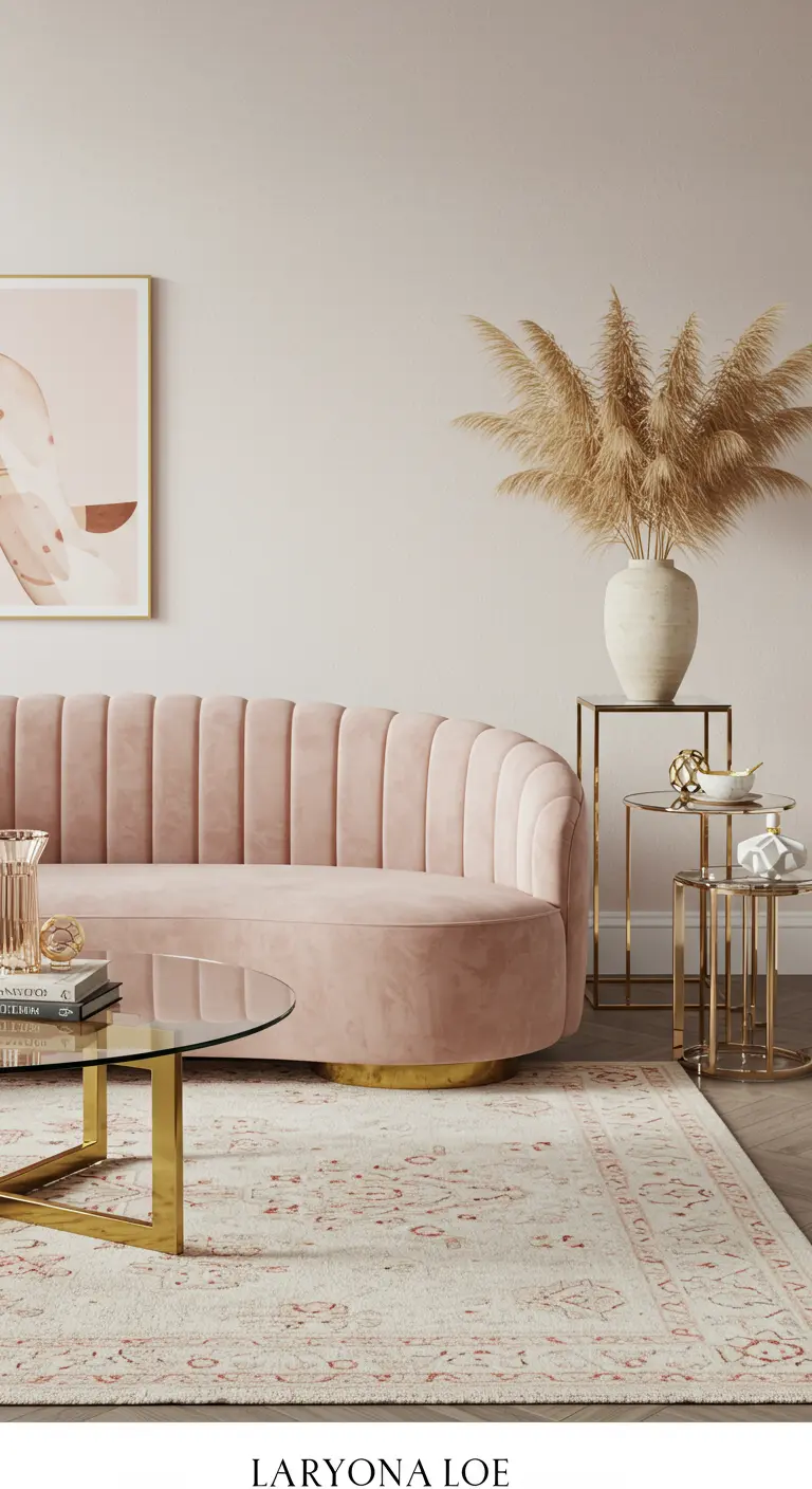 A blush pink channel-tufted curved sofa paired with a brass and glass coffee table.