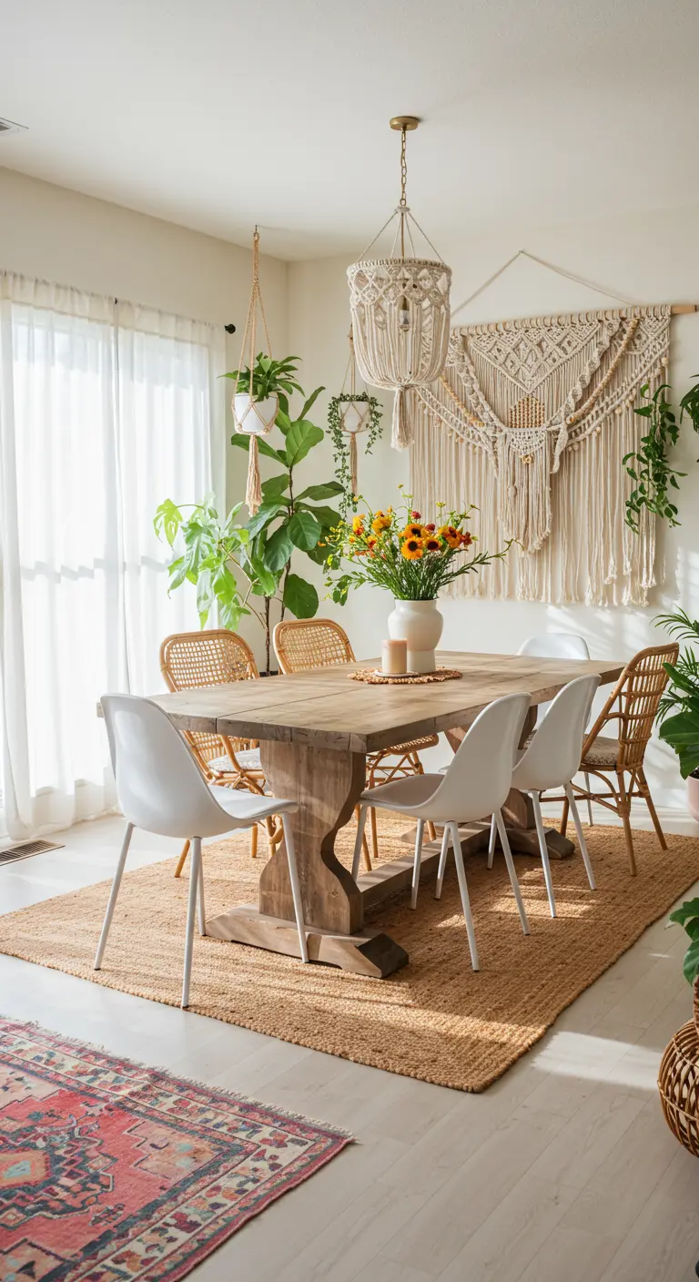 Boho dining room with a large macramé wall hanging, jute rug, and a mix of white and rattan chairs.