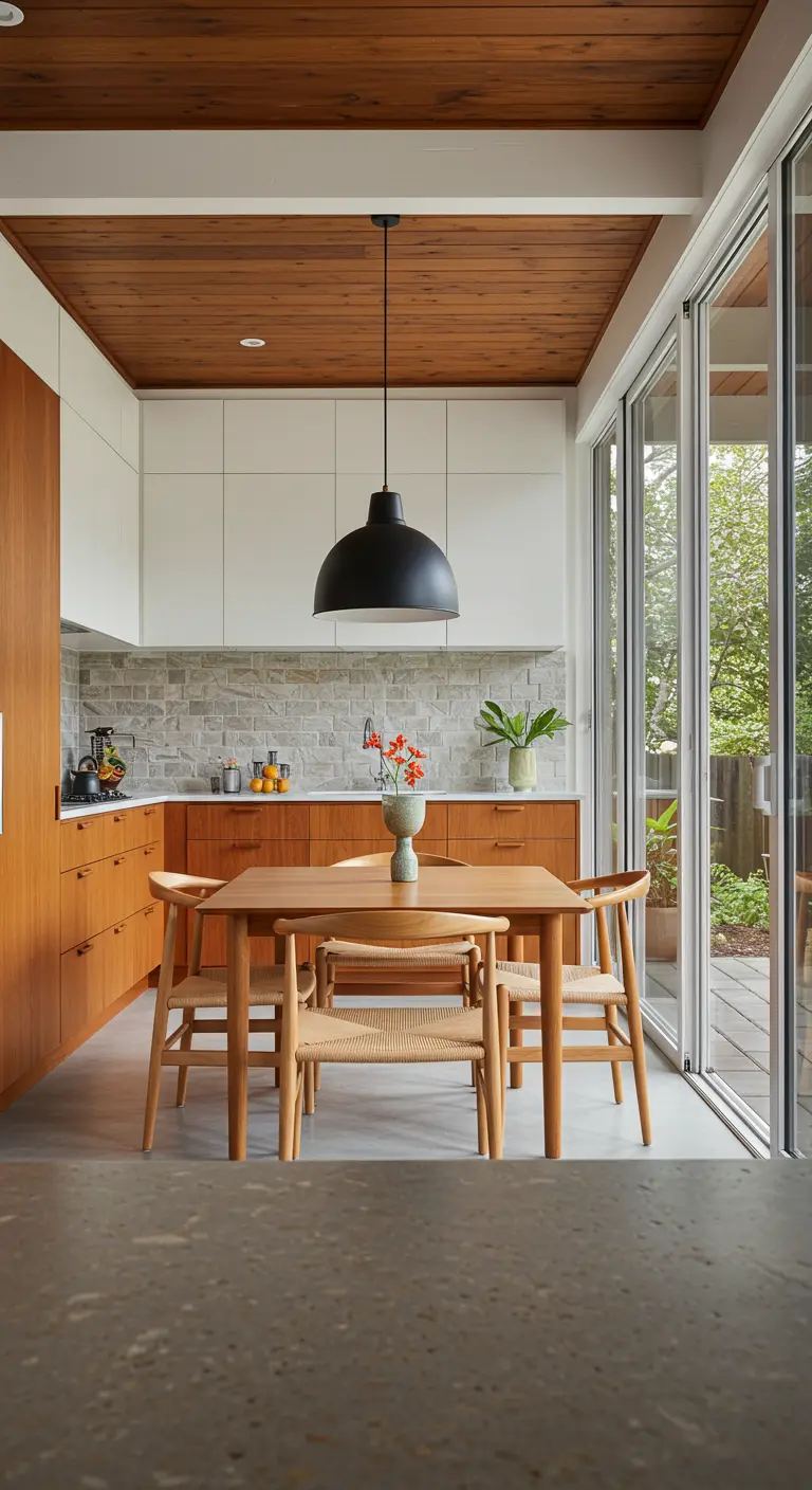 Kitchen with teak lower cabinets, white uppers, and a gray stone backsplash.