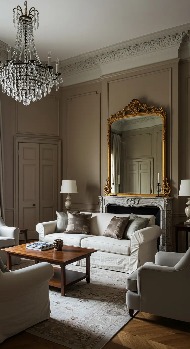 Traditional living room with a crystal chandelier, gilt mirror, and a casual linen sofa.