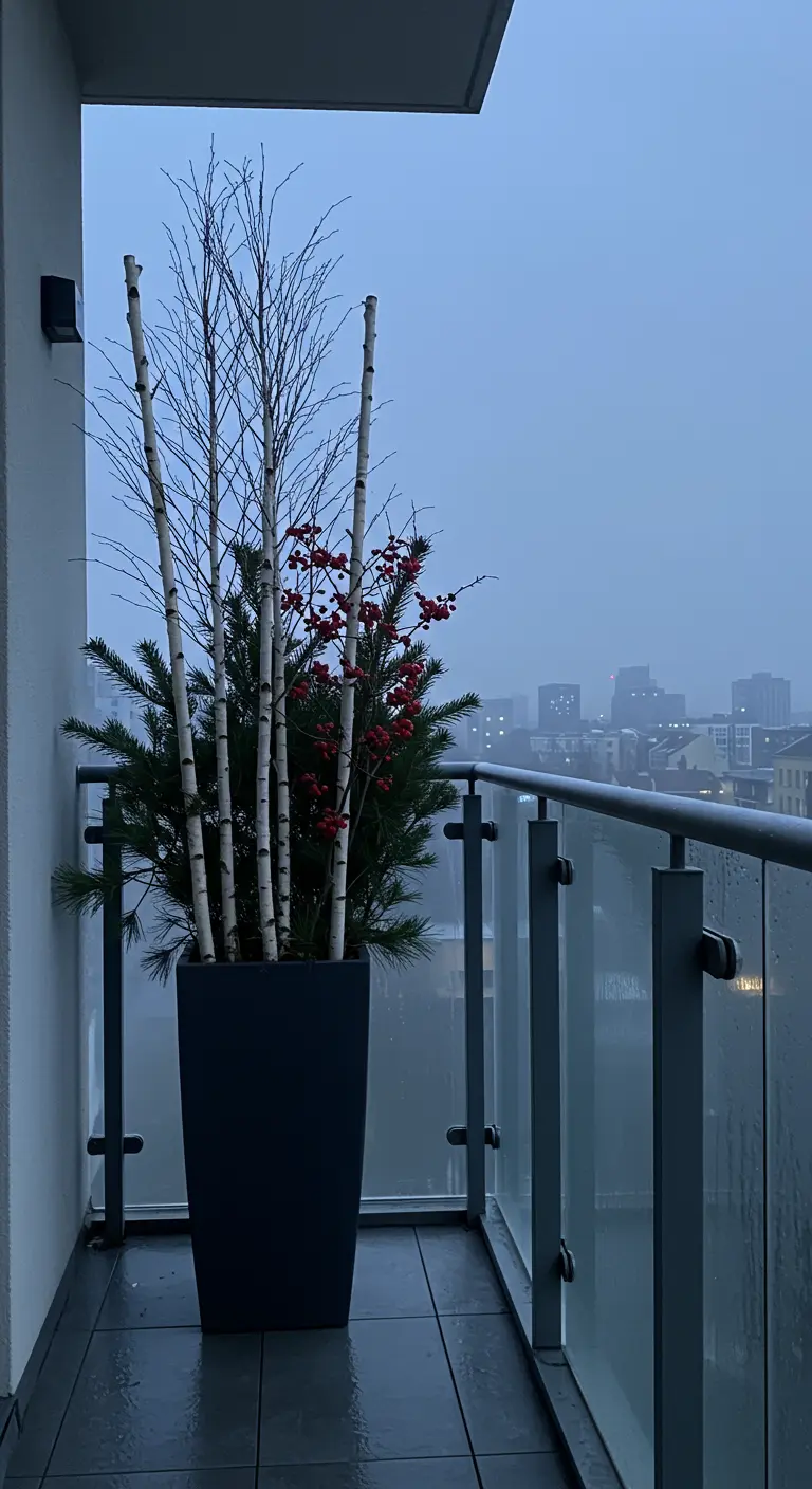 A tall black planter on a city balcony with white birch branches, fir, and red berries.