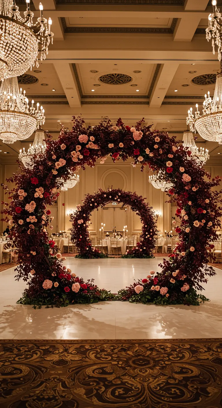 Two large, nested circular floral arches in a grand ballroom with chandeliers.