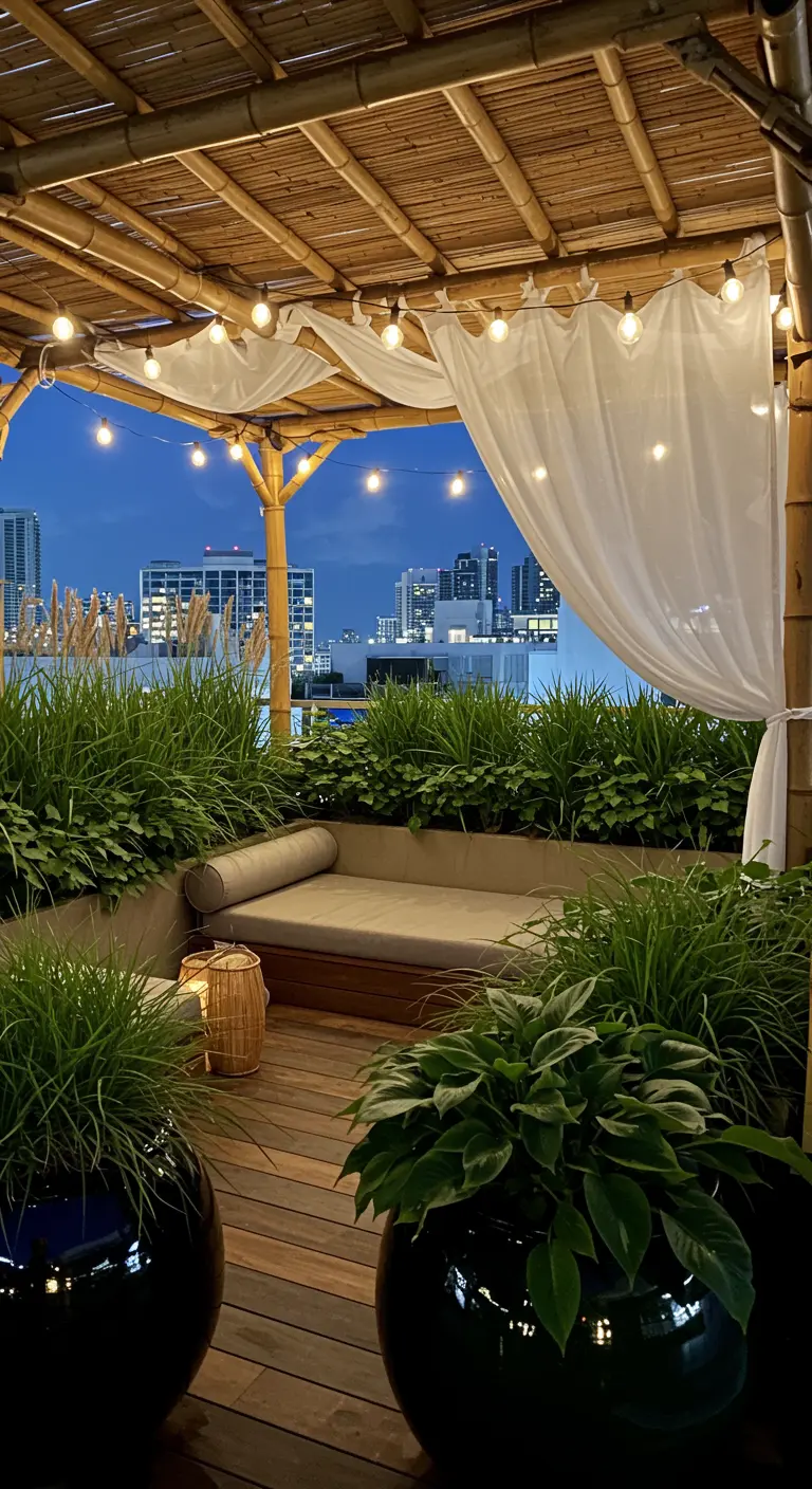 A cozy rooftop lounge under a bamboo pergola with lush green plants and draped white fabric.