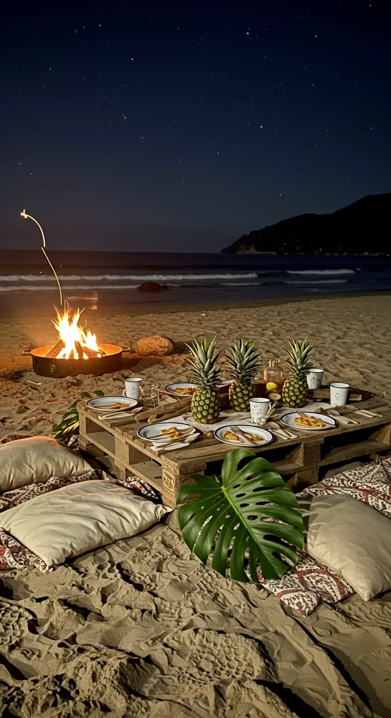 A low pallet table with pineapples and cushions on the beach near a bonfire at night