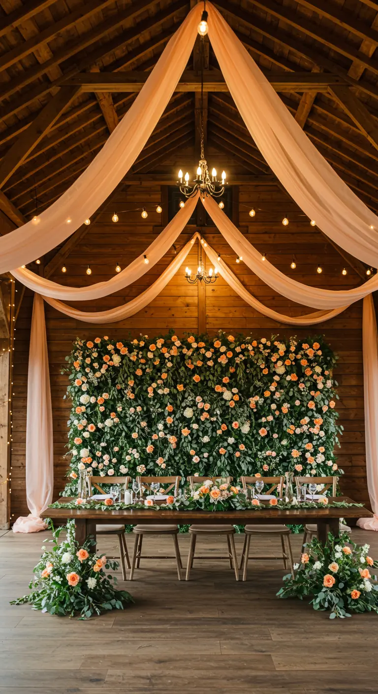 A flower wall behind a head table in a rustic barn with draped tulle.