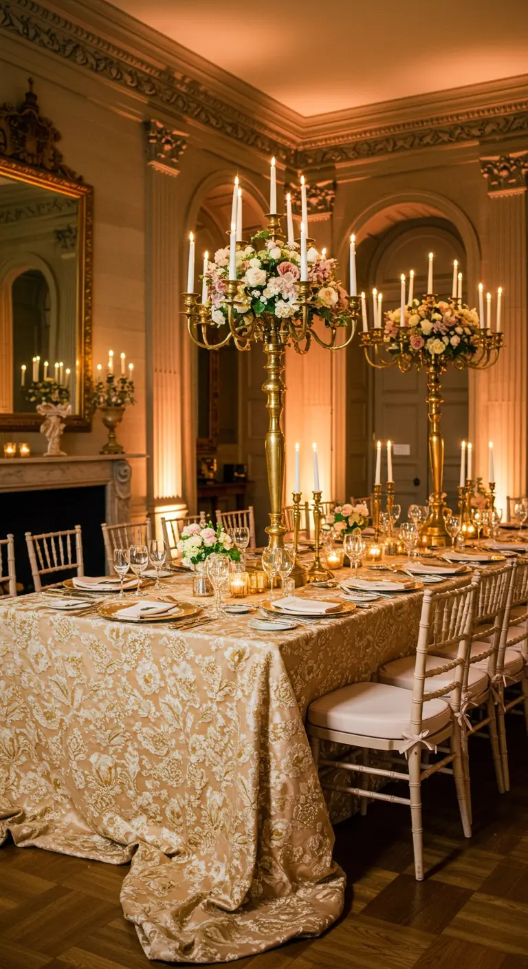 A grand table with towering gold candelabras adorned with lush floral arrangements.
