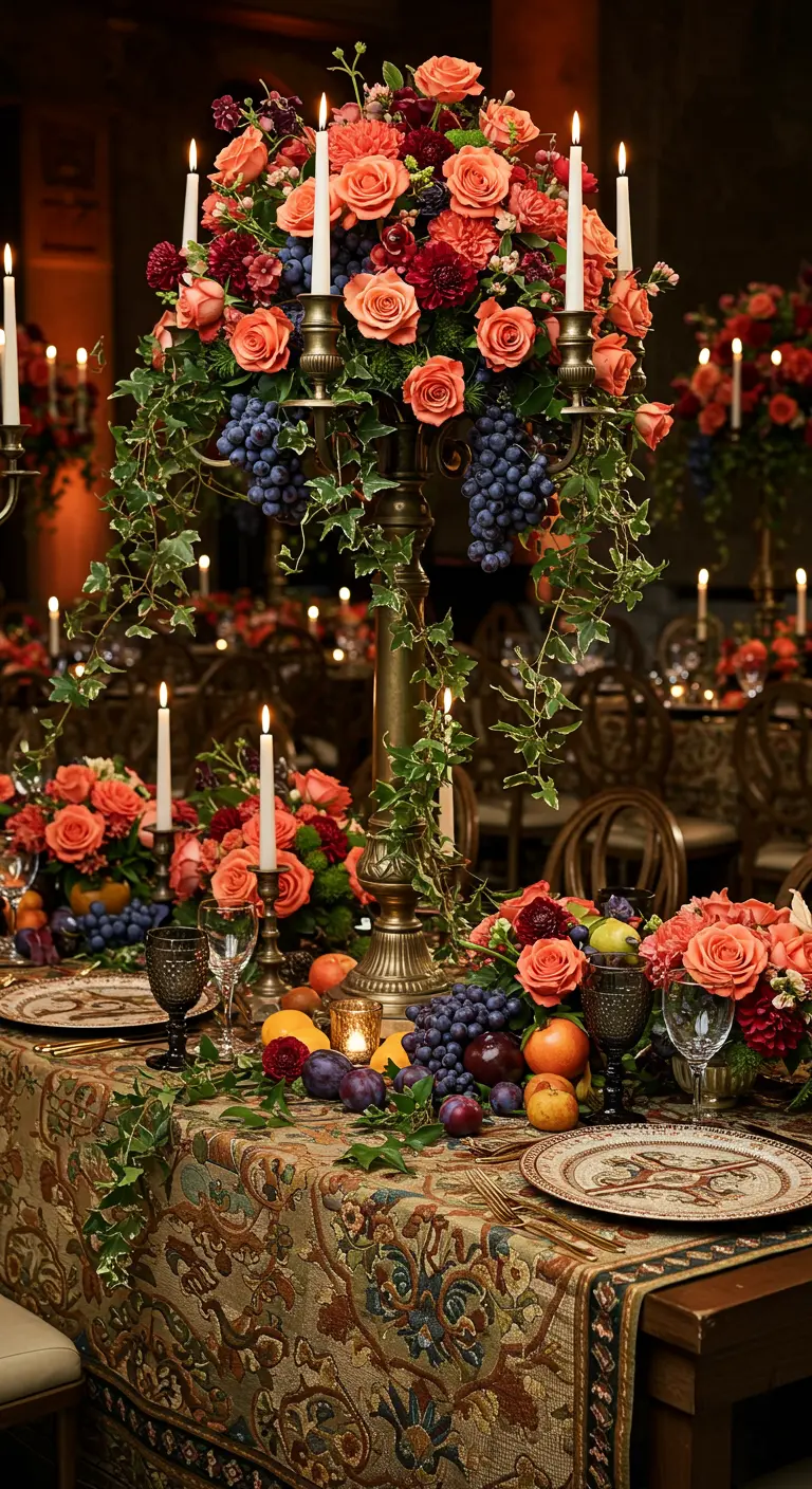 Ornate tablescape with a brocade cloth, cascading grapes, ivy, and coral roses.