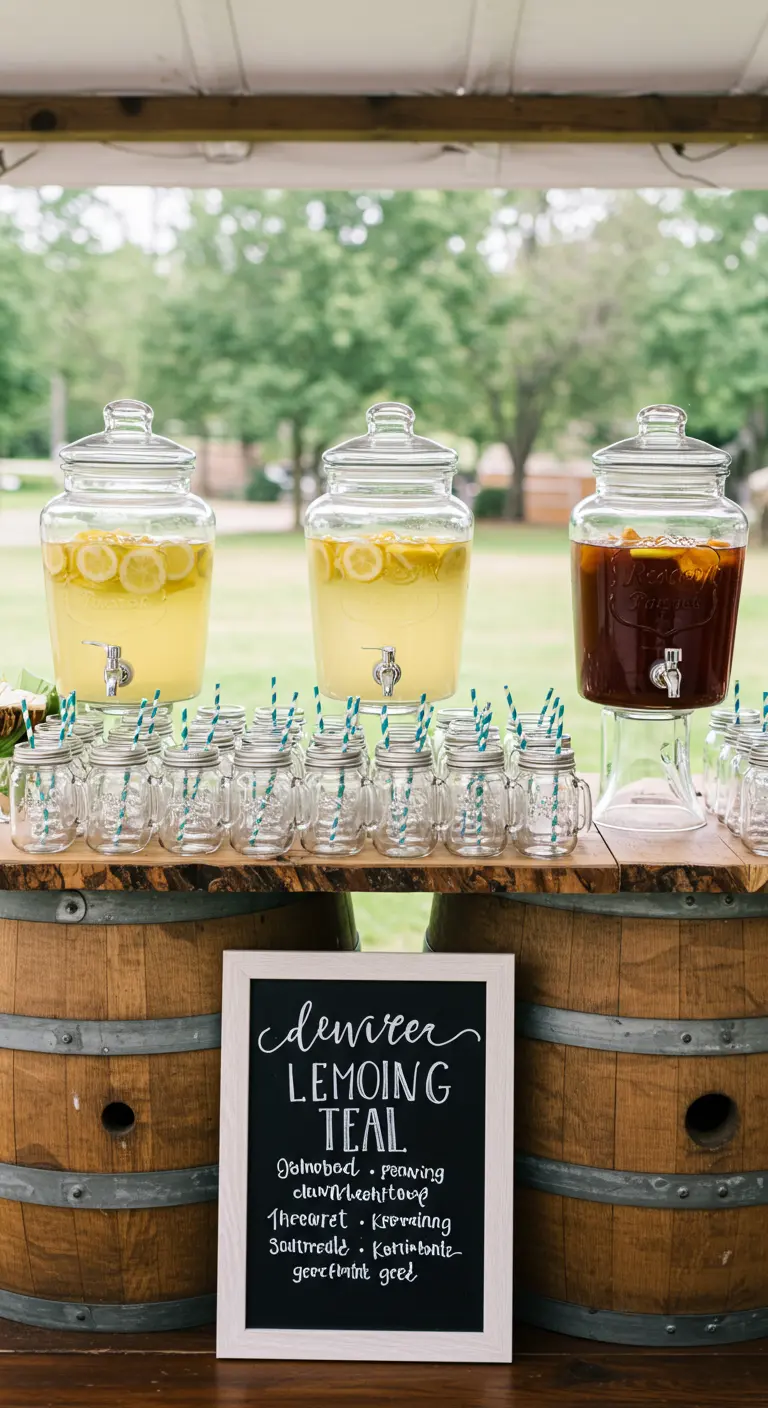 Drink station with glass dispensers on whiskey barrels and a chalkboard menu.