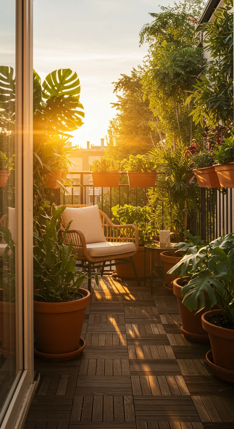 A sun-drenched balcony with terracotta pots, a rattan chair, and a large Monstera plant.