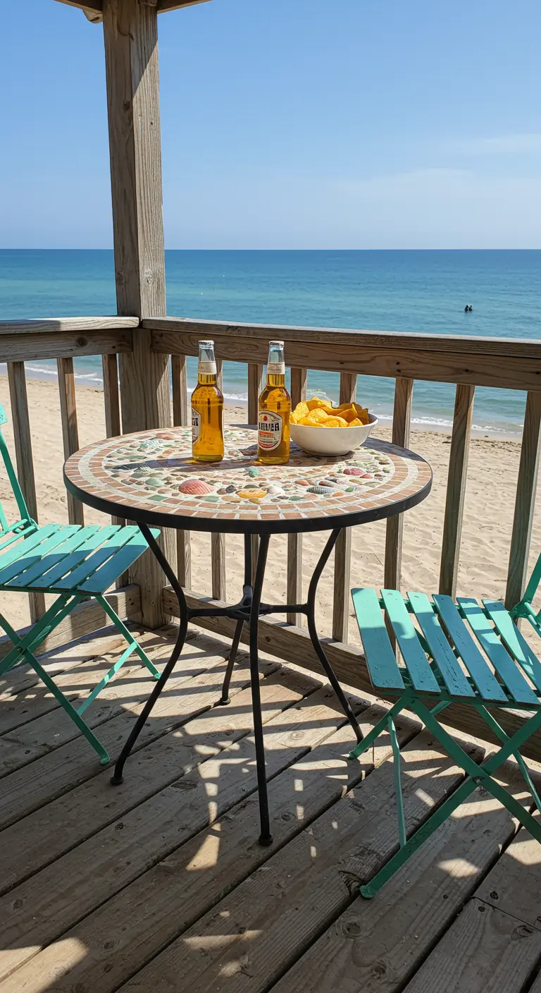 Mosaic bistro table with embedded seashells on a wooden beach deck overlooking the ocean.