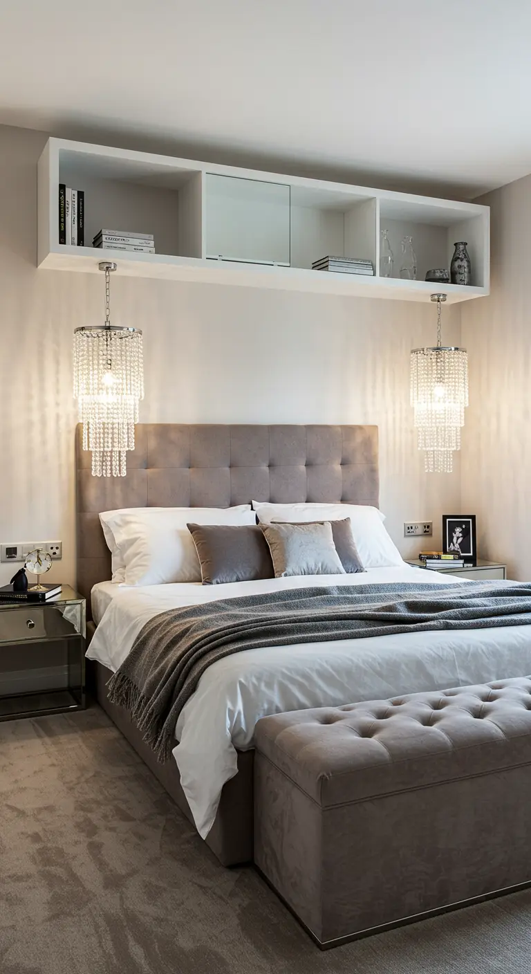 Bedroom with a tufted headboard and matching crystal pendant lights flanking the bed.
