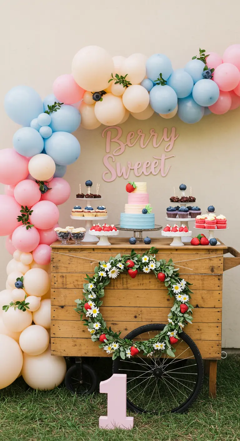 A 'Berry Sweet' themed party with a wooden cart, a strawberry and daisy wreath, and berry-colored balloons.