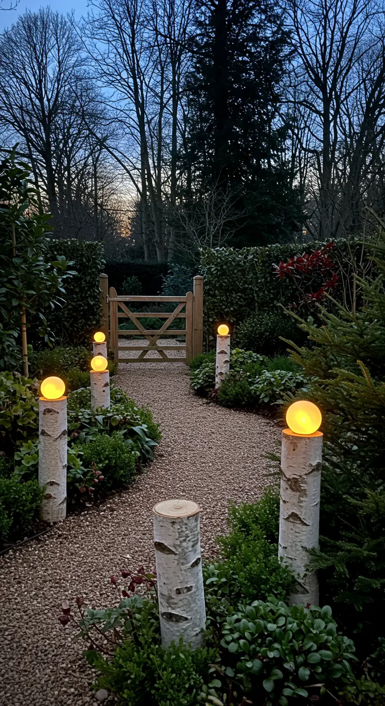 Gravel path leading to a wooden gate, lined with birch logs topped with amber orbs.