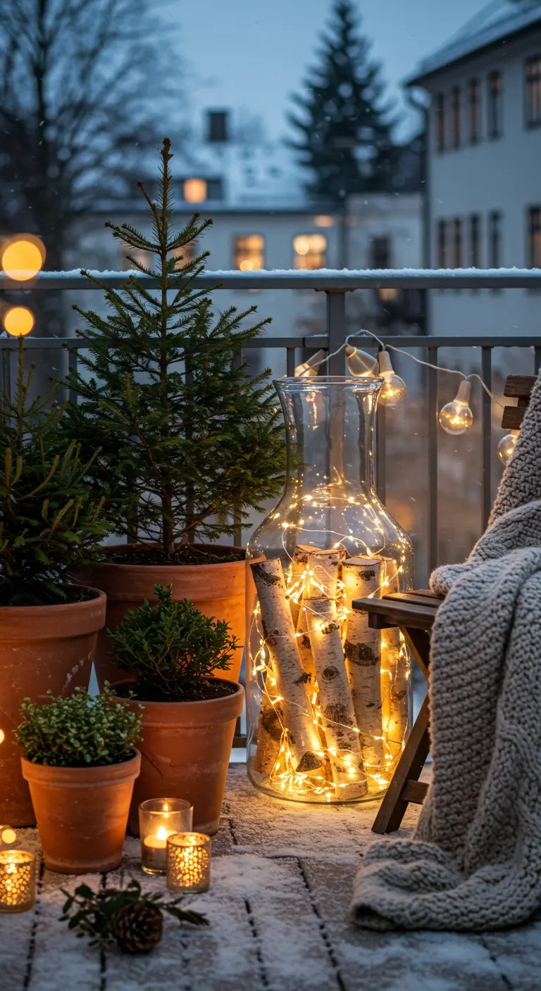 Balcony with a large glass vase filled with birch logs and fairy lights next to potted plants.