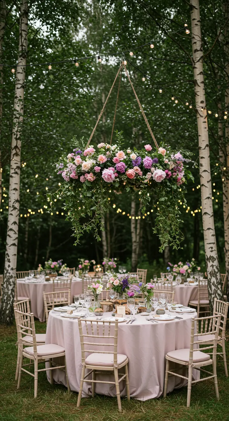 Outdoor wedding reception tables with a hanging floral installation.