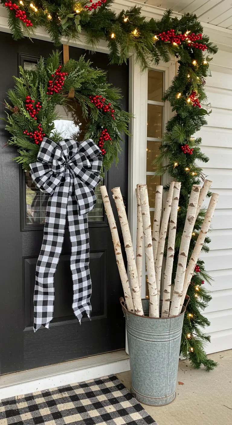 A front door with a large buffalo check bow on the wreath, paired with a bucket of birch logs.