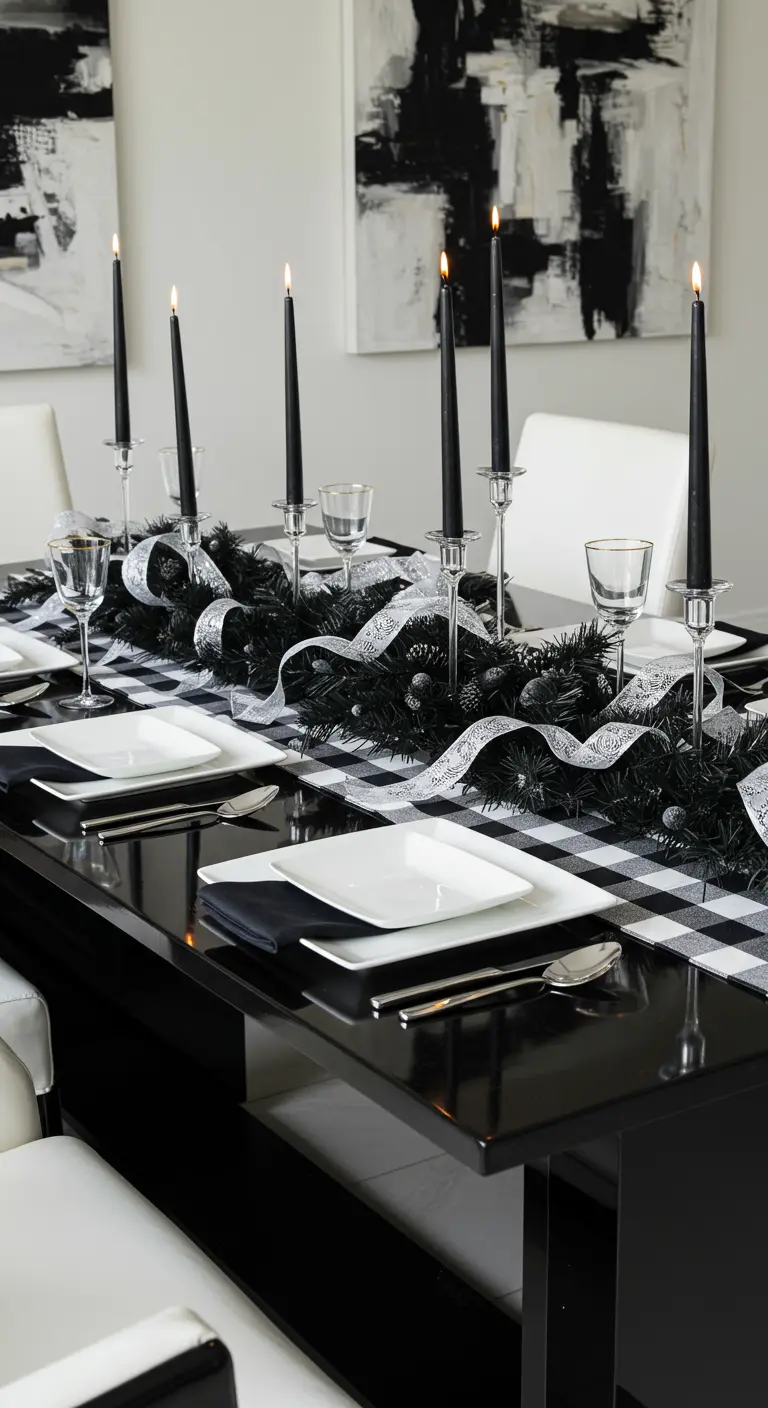 Black and white Christmas table with black taper candles, a black garland, and a silver ribbon.