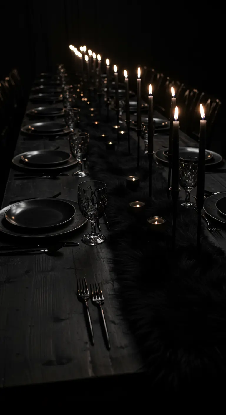 A long, dark table set entirely in black, illuminated only by a row of black taper candles.