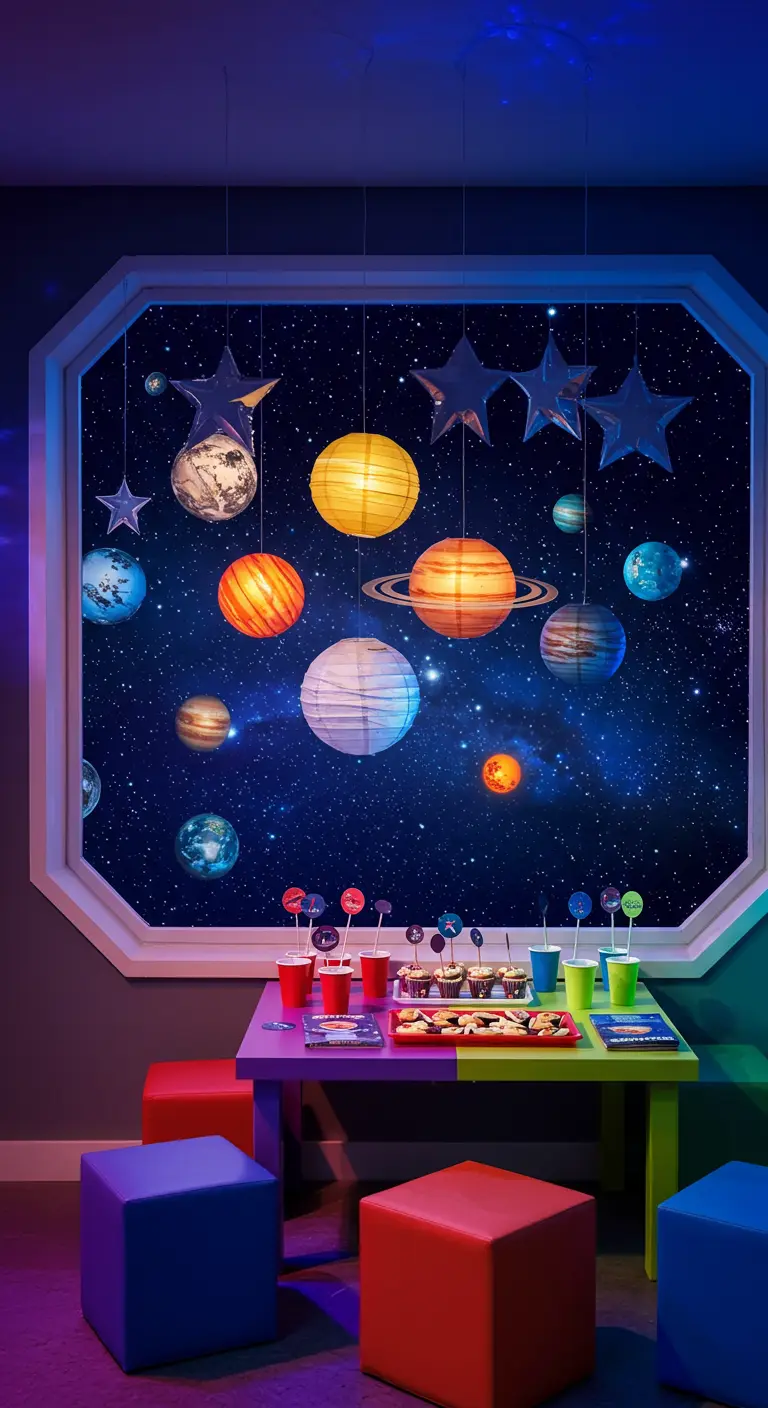 A child's party with paper lantern planets and stars hanging in a window with a space backdrop.