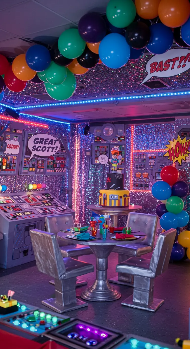 A futuristic comic book party with glitter walls and neon lights.