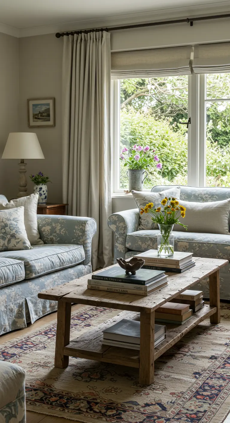 English country-style room with floral sofas and a rustic wooden coffee table.