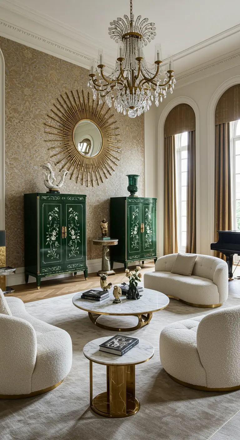 Elegant living room with curved bouclé sofas and green lacquer Chinoiserie cabinets.