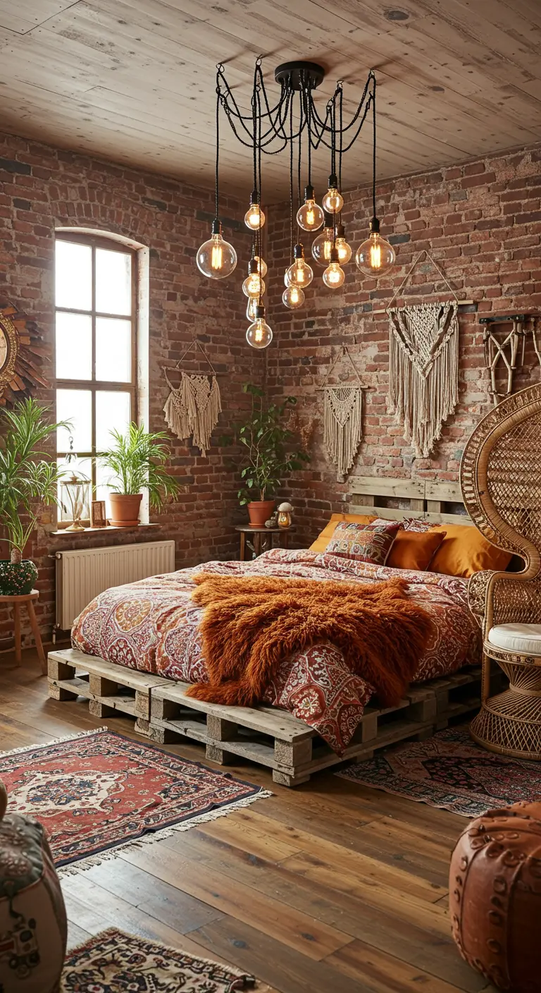 A bohemian-style bedroom with a brick wall, pallet bed, macrame hangings, and a rattan chair.