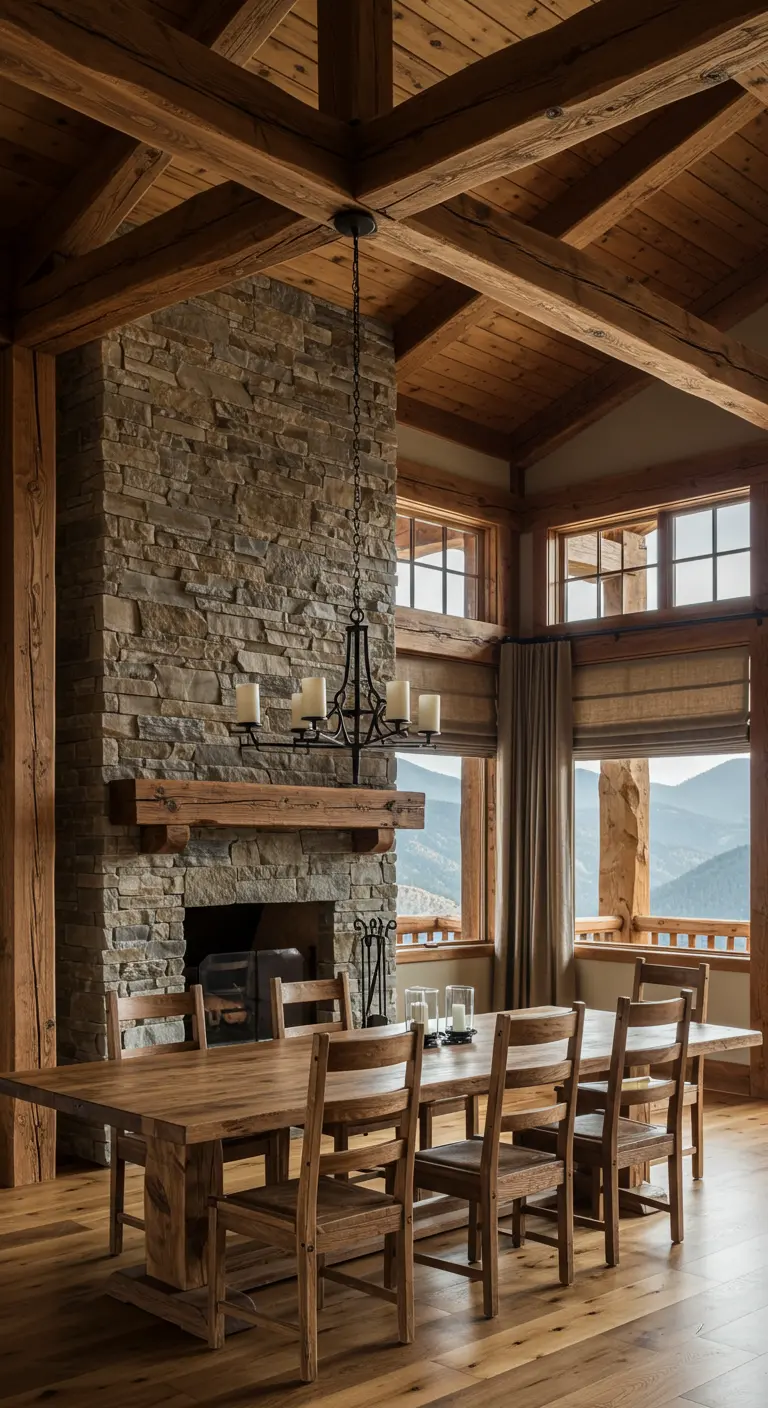 A rustic dining room with a massive stone fireplace and a simple wooden table.